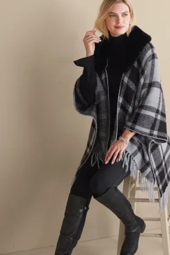 Demetria Plaid Poncho with Fur Collar